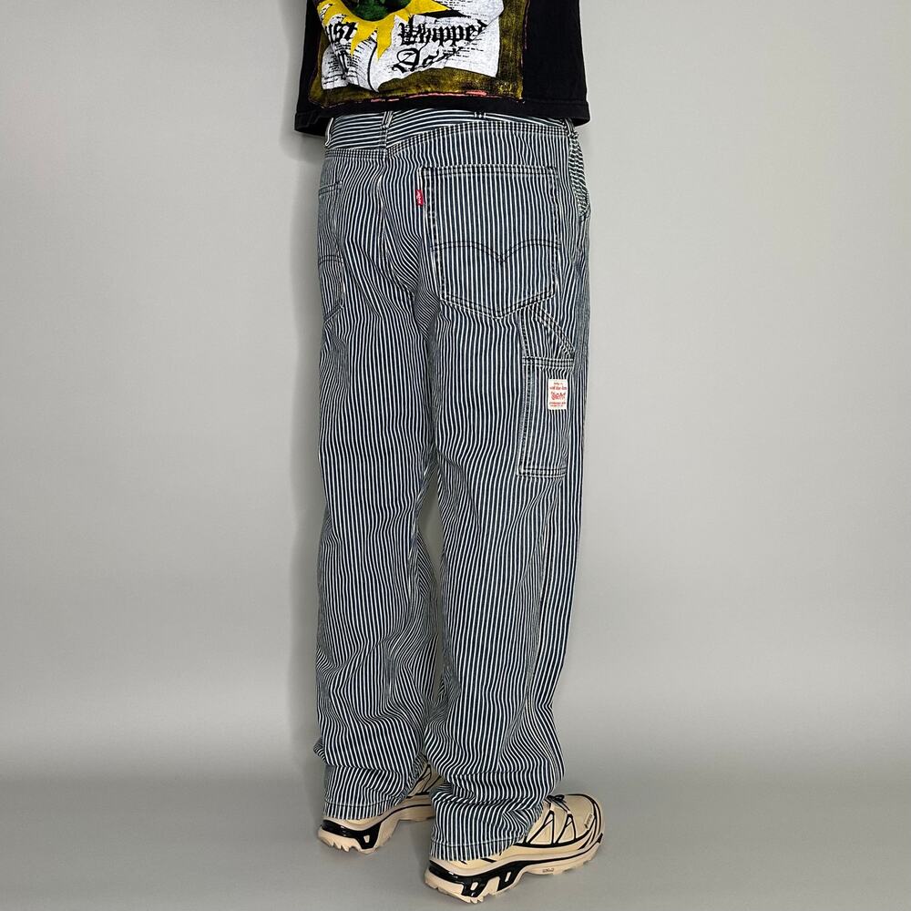 Vintage 90s Levis Striped Carpenter Pants 34x32 Baggy Wide Leg Blue White - Picture 2 of 6